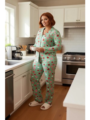 FRM Kadin Kirmizi Kalp Desenli Pijama Takımı Fonksiyonel Dayanıklı Kaliteli Konforlu Estetik Şık