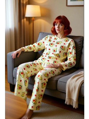 PayBuy Kadın Avokado Kalp Desenli Bisiklet Yaka Pijama Takımı Fonksiyonel Dayanıklı Kaliteli Spor