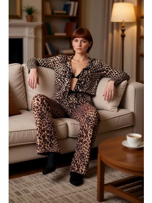 PayBuy Kadın Leopar Desenli Gömlek Yaka Pijama Takımı Fonksiyonel Dayanıklı Kaliteli Konforlu Şık