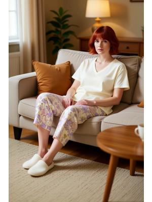 PayBuy Kadın Çiçekli Bisiklet Yaka Kapri Pijama Takımı Fonksiyonel Dayanıklı Kaliteli Konforlu Şık