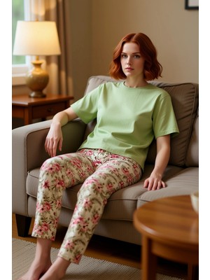 PayBuy Kadın Fuşya Çiçekli Bisiklet Yaka Kısa Kollu Pijama Takımı Fonksiyonel Dayanıklı Kaliteli Şık