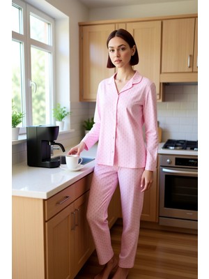 FRM Kadın Fiyonk Desenli Pijama Takımı Gömlek Yaka Fonksiyonel Dayanıklı Kaliteli Konforlu Şık
