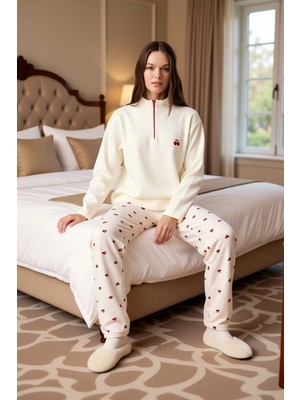 Ersefa Kadın Kiraz Desenli Fermuarlı Waffle Pijama Takımı Fonksiyonel Dayanıklı Kaliteli Konforlu