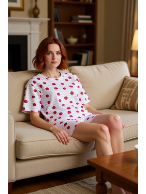 PayBuy Kadın Çilek Desenli Bisiklet Yaka Kısa Kollu Pijama Takımı Fonksiyonel Dayanıklı Kaliteli Şık