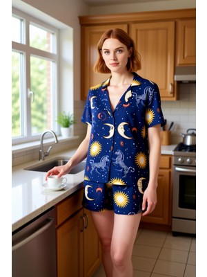 FRM Kadın Bohem Galaksi Desenli Viskon Pijama Takımı Fonksiyonel Dayanıklı Kaliteli Konforlu Şık