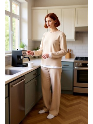 FRM Kadın Melanj Yumoş Pijama Takımı Bisiklet Yaka Uzun Kollu Fonksiyonel Dayanıklı Kaliteli Şık