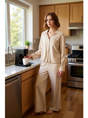 FRM Kadın Crinkle Dokulu Uzun Kollu Pijama Takımı Fonksiyonel Dayanıklı Kaliteli Konforlu Spor