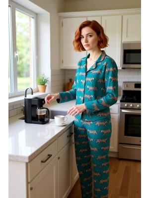 FRM Kadın Kaplan Baskılı Gömlek Pantolon Pijama Takımı Fonksiyonel Dayanıklı Kaliteli Konforlu