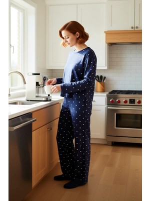 FRM Kadın Kalp ve Puantiye Desenli Pijama Takımı Fonksiyonel Dayanıklı Kaliteli Konforlu Rahat