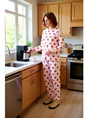 FRM Kadin Ayiciikli Yılbaşı Temali Pijama Takımı Fonksiyonel Dayanıklı Kaliteli Konforlu Rahat