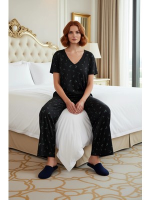 Ersefa Kadın Çiçek Desenli V Yaka Viskoz Süprem Pijama Takımı Fonksiyonel Dayanıklı Kaliteli Spor