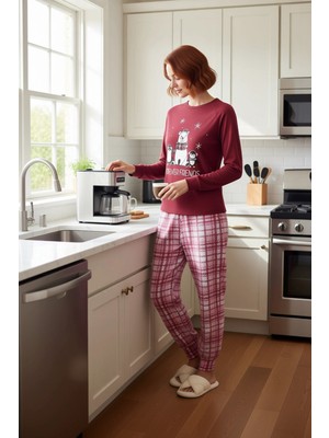 FRM Kadın Ayıcıklı Penguen Baskılı Ekose Pijama Takımı Fonksiyonel Dayanıklı Kaliteli Konforlu