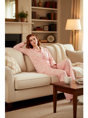 PayBuy Kadın Çiçekli Gömlek Yaka Uzun Kollu Pijama Takımı Fonksiyonel Dayanıklı Kaliteli Konforlu
