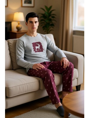 PayBuy Erkek Geyik Baskılı Bisiklet Yaka Pijama Takımı Fonksiyonel Dayanıklı Kaliteli Konforlu Şık