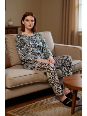 PayBuy Kadın Leopar Desenli Bisiklet Yaka Uzun Kollu Pijama Takımı Fonksiyonel Dayanıklı Kaliteli