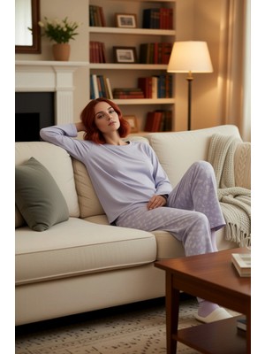 PayBuy Kadın Lila Çiçekli Bisiklet Yaka Uzun Kollu Pijama Takımı Fonksiyonel Dayanıklı Kaliteli Şık