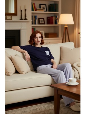 PayBuy Kadın Yıldız Baskılı Bisiklet Yaka Pijama Takımı Fonksiyonel Dayanıklı Kaliteli Konforlu Şık