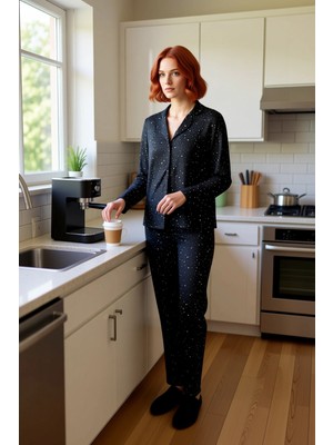 FRM Kadın Yıldız Baskılı Gömlek Yaka Pijama Takımı Fonksiyonel Dayanıklı Kaliteli Konforlu Şık