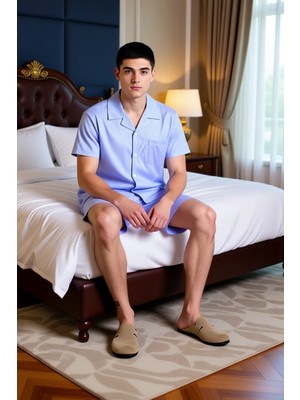 Ersefa Erkek Çizgili Gömlek Şort Ev Giyim Takımı Fonksiyonel Dayanıklı Kaliteli Konforlu Estetik Şık