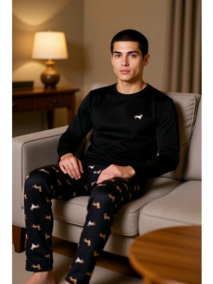 PayBuy Erkek Penguen Nakışlı Bisiklet Yaka Uzun Kollu Pijama Takımı Fonksiyonel Dayanıklı Estetik