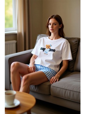 PayBuy Kadın Ayıcık Baskılı Bisiklet Yaka Pamuklu Pijama Takımı Fonksiyonel Dayanıklı Kaliteli Şık