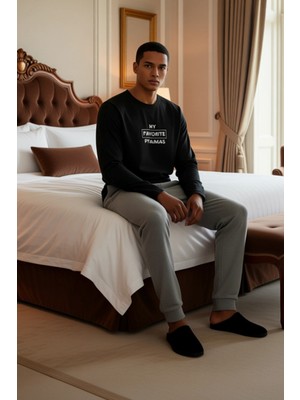 Ersefa Erkek Slogan Baskılı Sweatshirt ve Pantolon Pijama Takımı Fonksiyonel Dayanıklı Kaliteli Şık