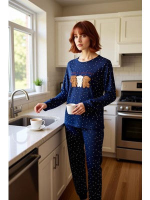 FRM Kadın Kışlık Puantiyeli Ayıcık Detaylı Pijama Fonksiyonel Dayanıklı Kaliteli Konforlu Spor