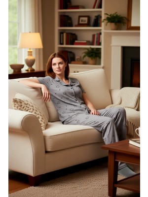 PayBuy Kadın Melanj Yıldız Desenli Gömlek Yaka Pijama Takımı Fonksiyonel Dayanıklı Kaliteli Rahat