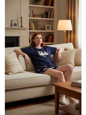 PayBuy Kadın Kedi Baskılı Bisiklet Yaka Şortlu Pijama Takımı Fonksiyonel Dayanıklı Kaliteli Rahat