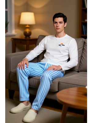 PayBuy Erkek Ayıcık Baskılı Bisiklet Yaka Uzun Kollu Pijama Takımı Fonksiyonel Dayanıklı Kaliteli