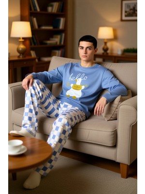 PayBuy Kadin Uzun Kollu Bisiklet Yaka Ordek Baskılı Pijama Takımı Fonksiyonel Dayanıklı Kaliteli Şık