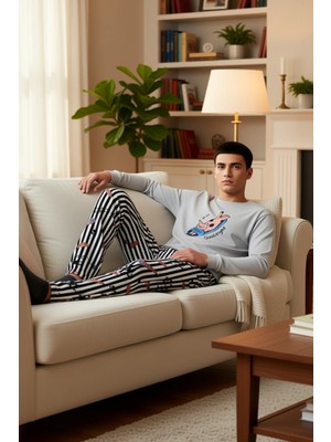 PayBuy Kadın Kedi Baskılı Bisiklet Yaka Uzun Kollu Pijama Takımı Fonksiyonel Dayanıklı Kaliteli Şık