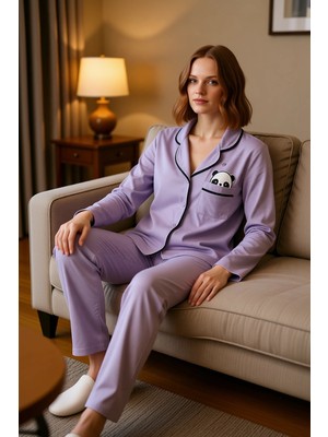 PayBuy Kadın Melanj Panda Baskılı Gömlek Pantolon Pijama Takımı Fonksiyonel Dayanıklı Kaliteli Şık
