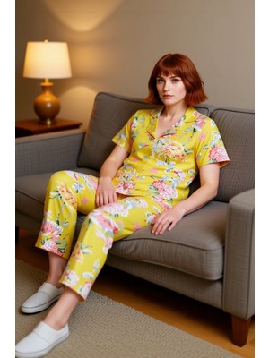 PayBuy Kadın Çiçek Desenli Gömlek Yaka Örme Pijama Takımı Fonksiyonel Dayanıklı Kaliteli Konforlu