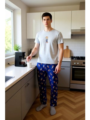 FRM Erkek Sevimli Ayıcık Desenli Pijama Takımı Fonksiyonel Dayanıklı Kaliteli Konforlu Estetik