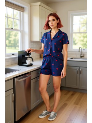 FRM Kadın Kalp Baskılı Pijama Takımı Gömlek ve Şort Fonksiyonel Dayanıklı Kaliteli Konforlu Şık