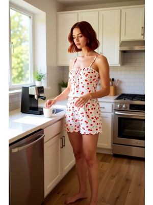 FRM Kadın Kirazlı Ip Askılı Pijama Takımı Fonksiyonel Dayanıklı Kaliteli Konforlu Estetik Spor