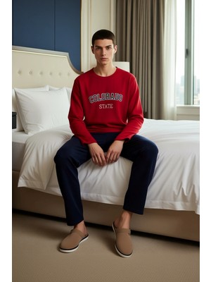 Ersefa Erkek Kirmizi Slogan Nakisli Polar Pijama Takımı Fonksiyonel Dayanıklı Kaliteli Konforlu Şık