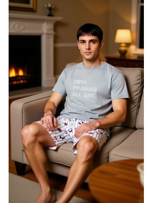 PayBuy Erkek Hayvan Desenli Bisiklet Yaka Kısa Kollu Pijama Takımı Fonksiyonel Dayanıklı Kaliteli