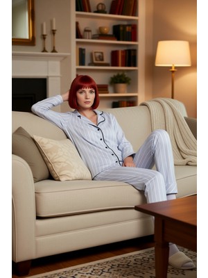 PayBuy Kadın Klasik Çizgili Pijama Takımı Ceket Yaka Uzun Kollu Fonksiyonel Dayanıklı Kaliteli Şık