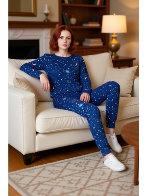 PayBuy Kadın Galaksi Baskılı Pijama Takımı Uzun Kollu Bisiklet Yaka Fonksiyonel Dayanıklı Estetik