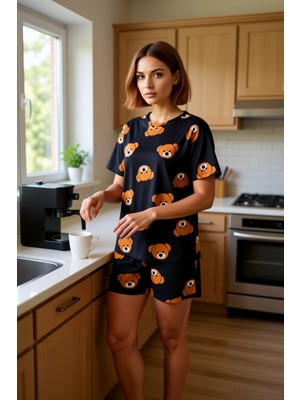 FRM Kadın Ayıcık Baskılı Pamuklu Pijama Takımı Yazlık Giyim Fonksiyonel Dayanıklı Kaliteli Şık