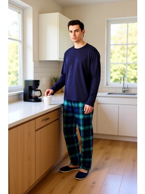 FRM Erkek Bisiklet Yaka Ekose Pantolonlu Pijama Fonksiyonel Dayanıklı Kaliteli Konforlu Modern