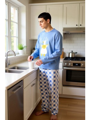 FRM Unisex Uzun Kollu Ordek Baskılı Ekose Pijama Takımı Fonksiyonel Dayanıklı Kaliteli Estetik