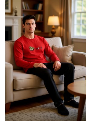 PayBuy Erkek Yılbaşı Temalı Bisiklet Yaka Pijama Takımı Fonksiyonel Dayanıklı Kaliteli Konforlu Şık