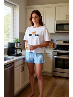 FRM Kadın Ayıcık Baskılı Çizgili Şortlu Pijama Takımı Fonksiyonel Dayanıklı Kaliteli Konforlu Şık