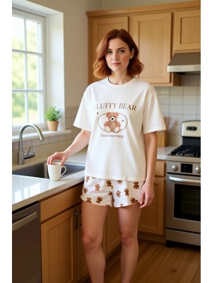 FRM Kadın Ayıcıklı Baskılı Şortlu Pijama Takımı Bisiklet Yaka Fonksiyonel Dayanıklı Kaliteli Şık