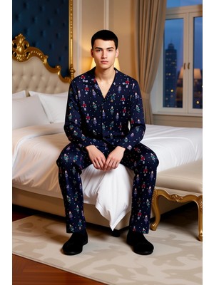 Ersefa Yılbaşı Desenli Erkek Pijama Takımı Gömlek Yaka Regular Fit %100 Pamuk Fonksiyonel Estetik