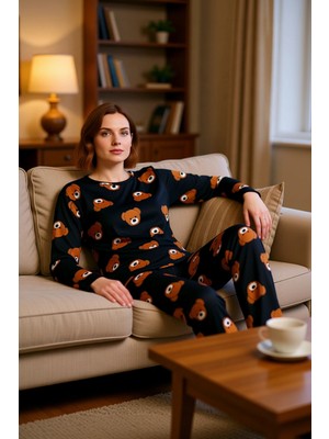 PayBuy Ayıcık Baskılı Uzun Kollu Pijama Takımı Kadın Fonksiyonel Dayanıklı Kaliteli Konforlu Spor