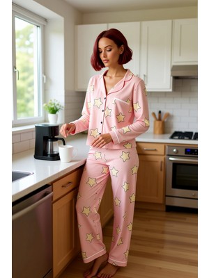 FRM Kadın Yıldızlı Pudra Ev Giyim Takımı Fonksiyonel Dayanıklı Kaliteli Konforlu Estetik Rahat